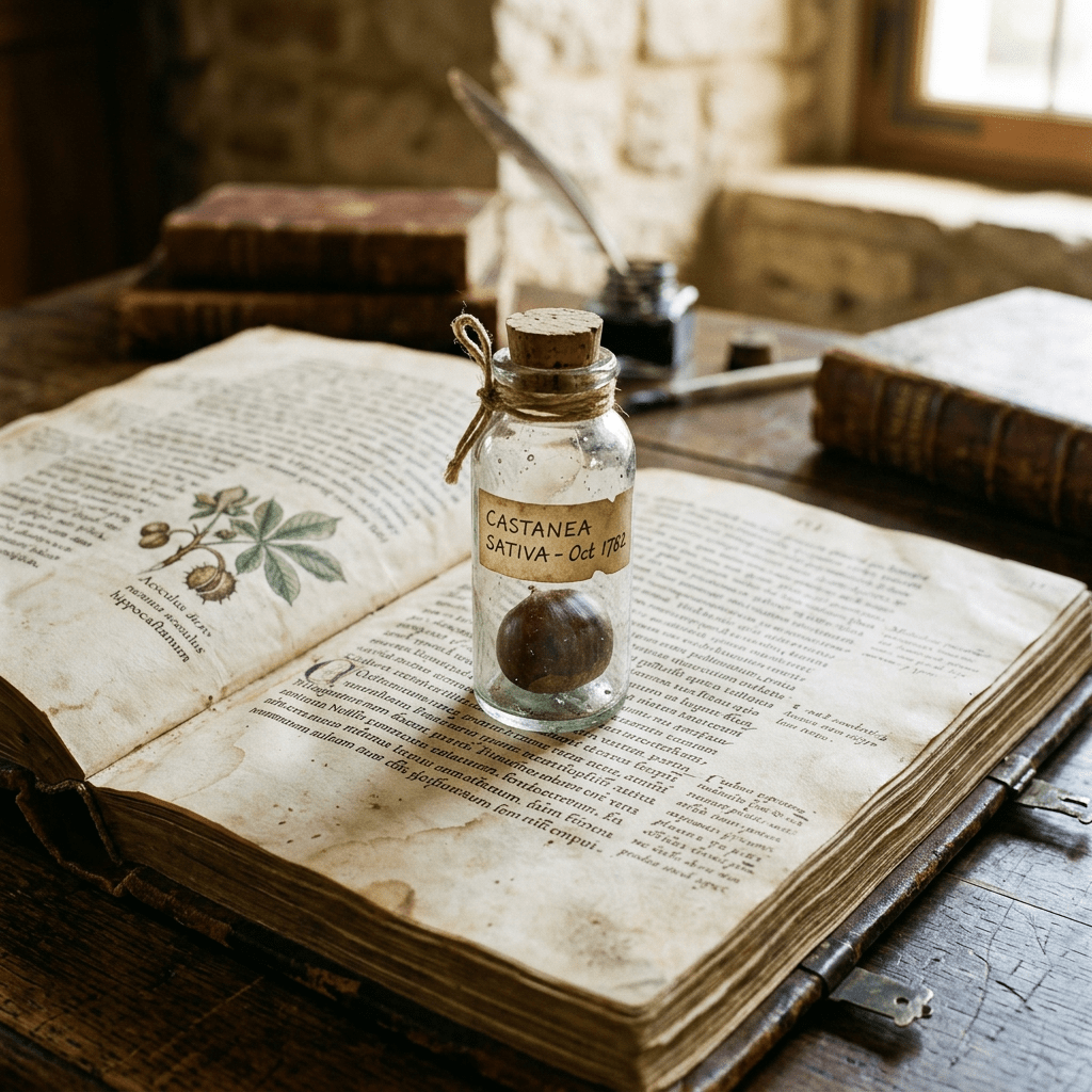 Glass jar labeled Castanea Sativa dated Oct 1782 with chestnut seed on antique botanical book